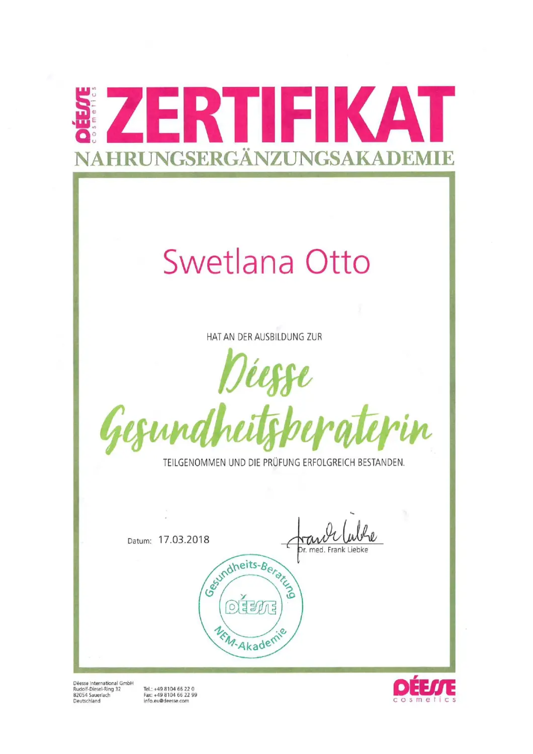 Beauty-Residenz Paderborn Zertifikat Gesundheitsberaterin