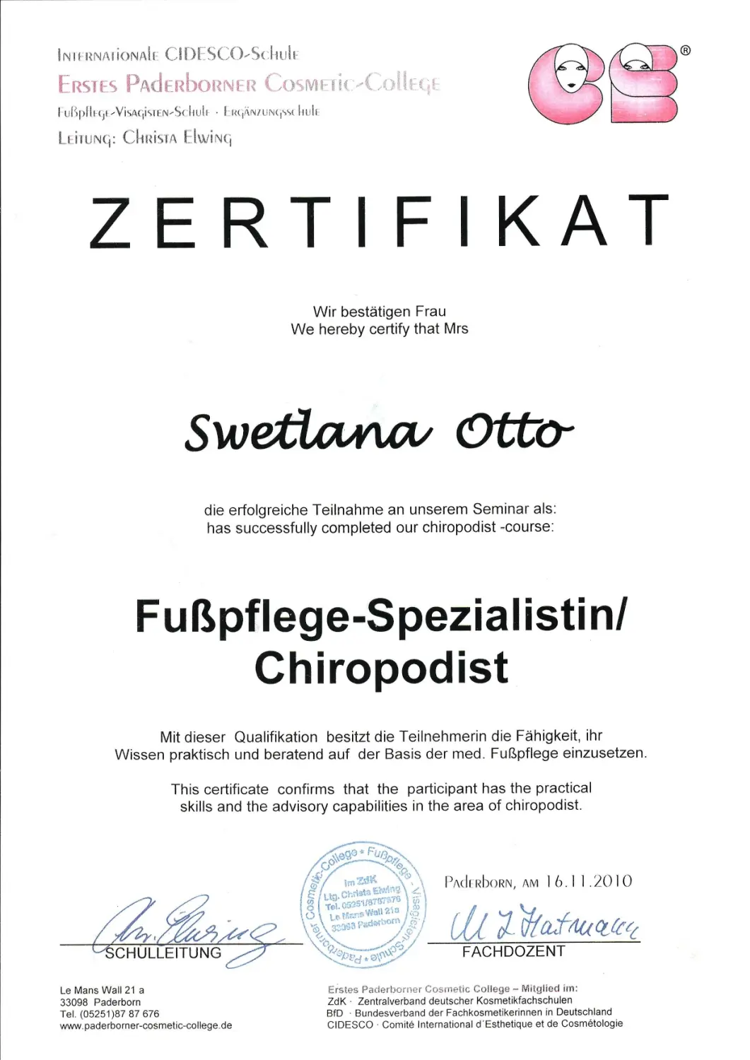 Beauty-Residenz Paderborn Fußpflege Zertifikat