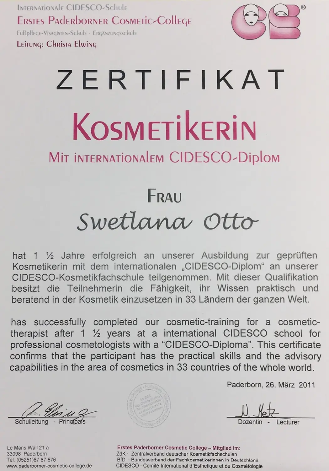 Beauty-Residenz Paderborn Kosmetikerin Zertifikat