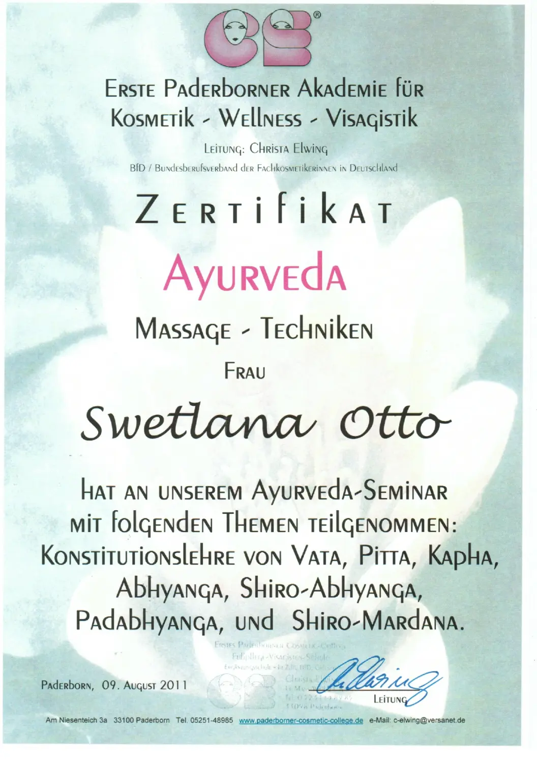 Beauty-Residenz Paderborn Ayurveda Zertifikat